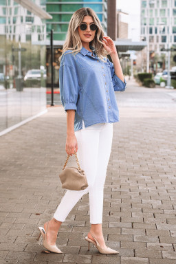 Myosotis Washed Drop Shoulder Bracelet Sleeve Chambray Shirt