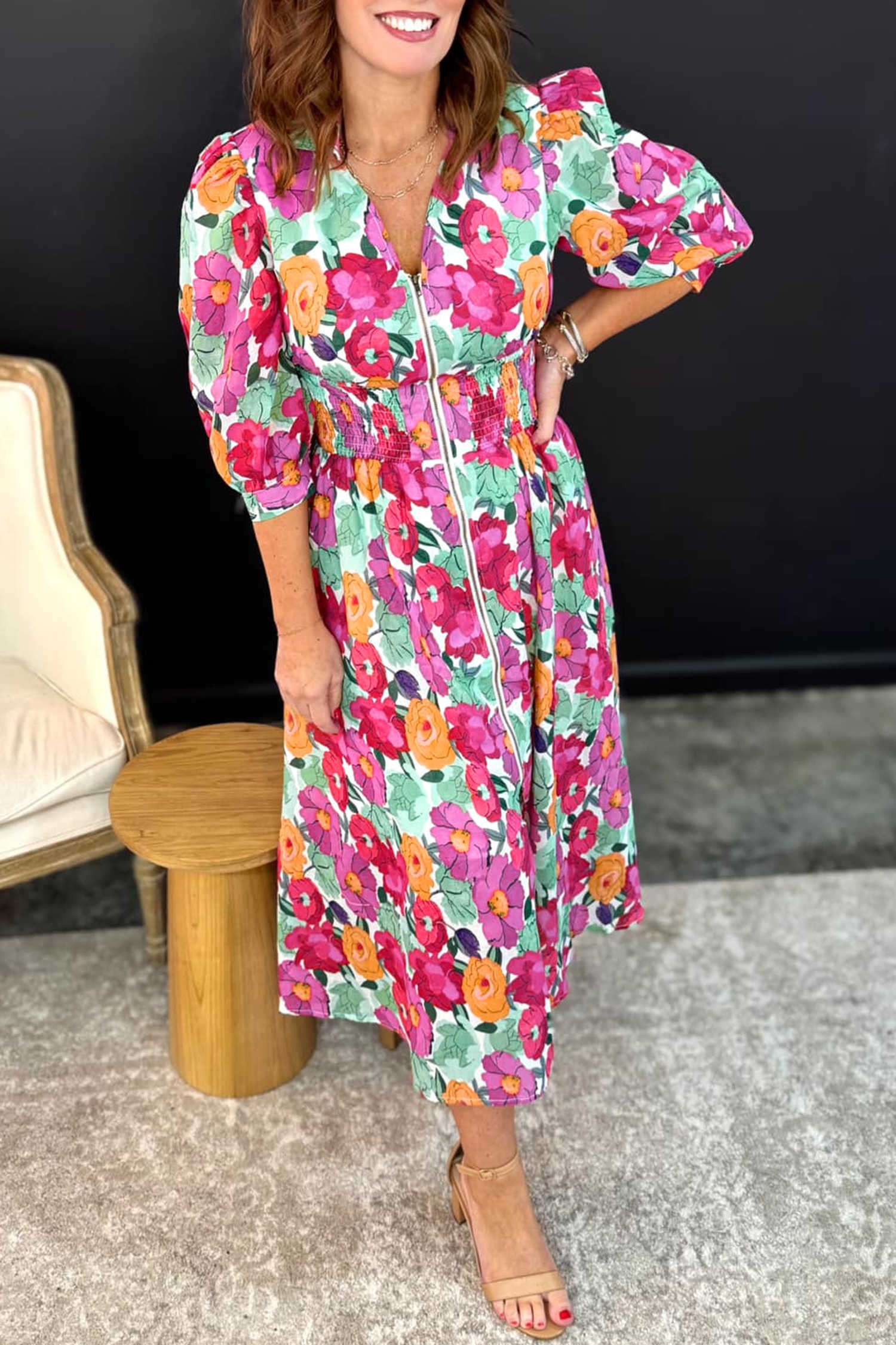 Rose Vibrant Floral Print V Neck Zip Up Puffy Half Sleeve Dress