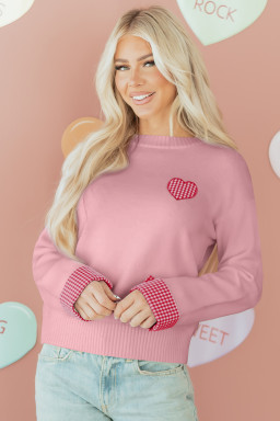 Light Pink Plaid Heart Embroidered Cuffed Drop Shoulder Crew Neck Sweater