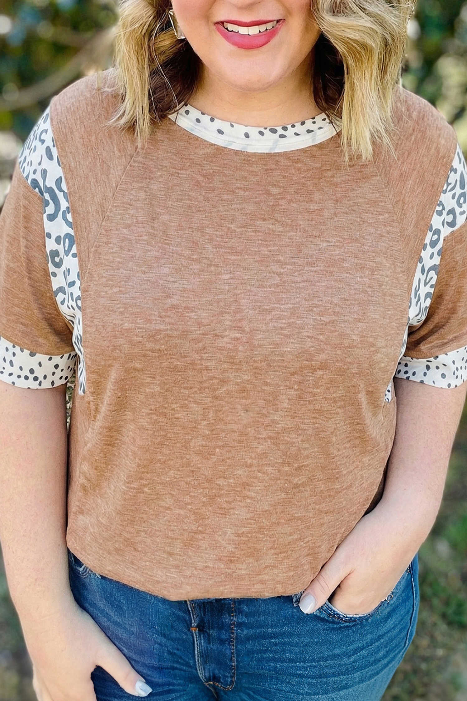 Chestnut Animal Color Block Patchwork Plus Size Tee