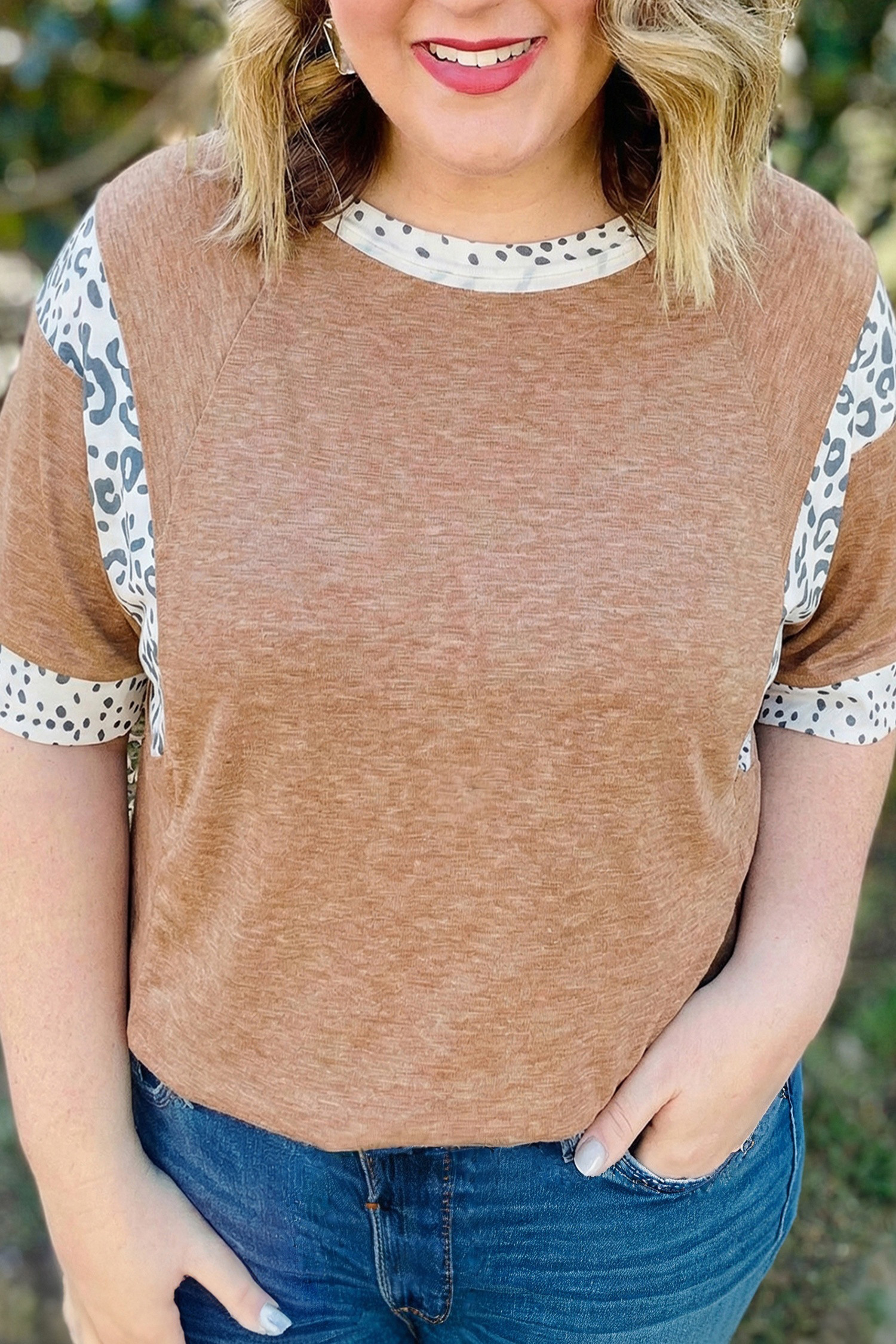 Chestnut Animal Color Block Patchwork Plus Size Tee