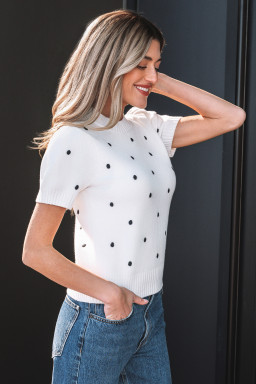 White Elegant Polka Dot Bubble Short Sleeve Sweater