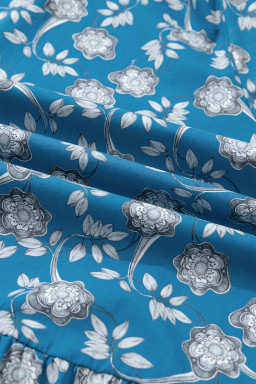 Blue Plus Size Floral Print Striped Patchwork Detail Button Front Ruffle Hem Dress