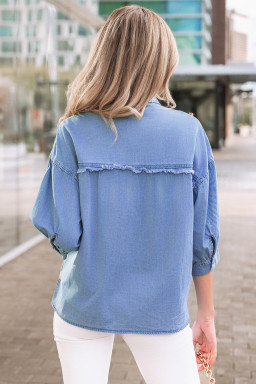 Myosotis Washed Drop Shoulder Bracelet Sleeve Chambray Shirt