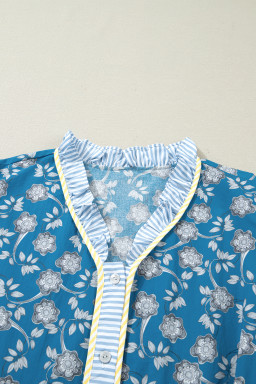 Blue Plus Size Floral Print Striped Patchwork Detail Button Front Ruffle Hem Dress