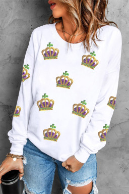 White Sequin Mardi Gras Crown Dropped Shoulder Sweatshirt