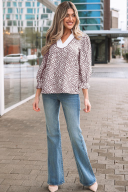 Brown Leaf Print Standing Collar Puff Sleeve Top
