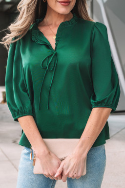 Blackish Green Solid Color Frilled V Neck Bow Detail 3/4 Sleeve Blouse