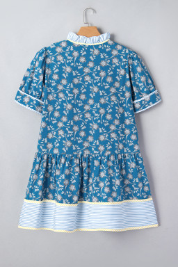Blue Plus Size Floral Print Striped Patchwork Detail Button Front Ruffle Hem Dress