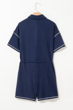 Navy Blue Stitched Detail Drop Shoulder Waffle Knit Romper
