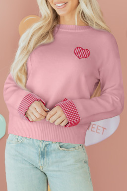 Light Pink Plaid Heart Embroidered Cuffed Drop Shoulder Crew Neck Sweater