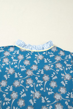 Blue Plus Size Floral Print Striped Patchwork Detail Button Front Ruffle Hem Dress