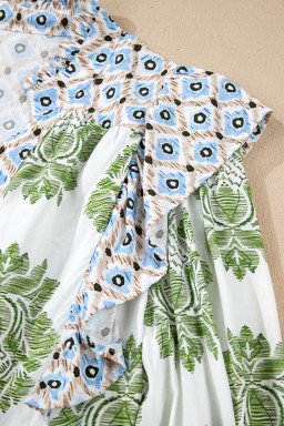 Green Floral Print Contrast Patchwork Ruffle Detail Mini Dress