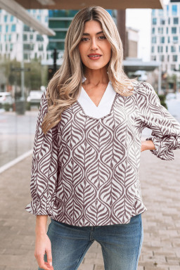 Brown Leaf Print Standing Collar Puff Sleeve Top