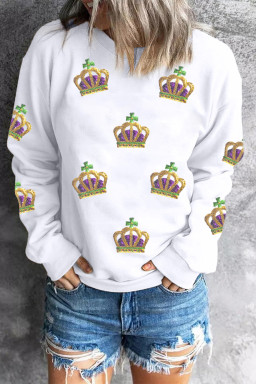 White Sequin Mardi Gras Crown Dropped Shoulder Sweatshirt