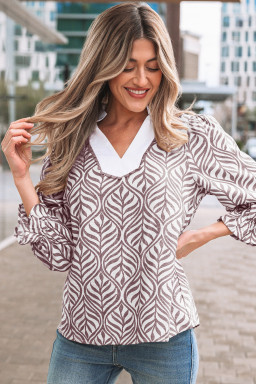 Brown Leaf Print Standing Collar Puff Sleeve Top