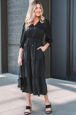 Black Flounced Bracelet Sleeve V Neck Tiered Maxi Dress