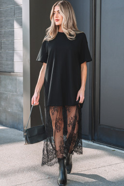 Black Floral Patchwork Short Sleeve T Shirt Loose Maxi Dress