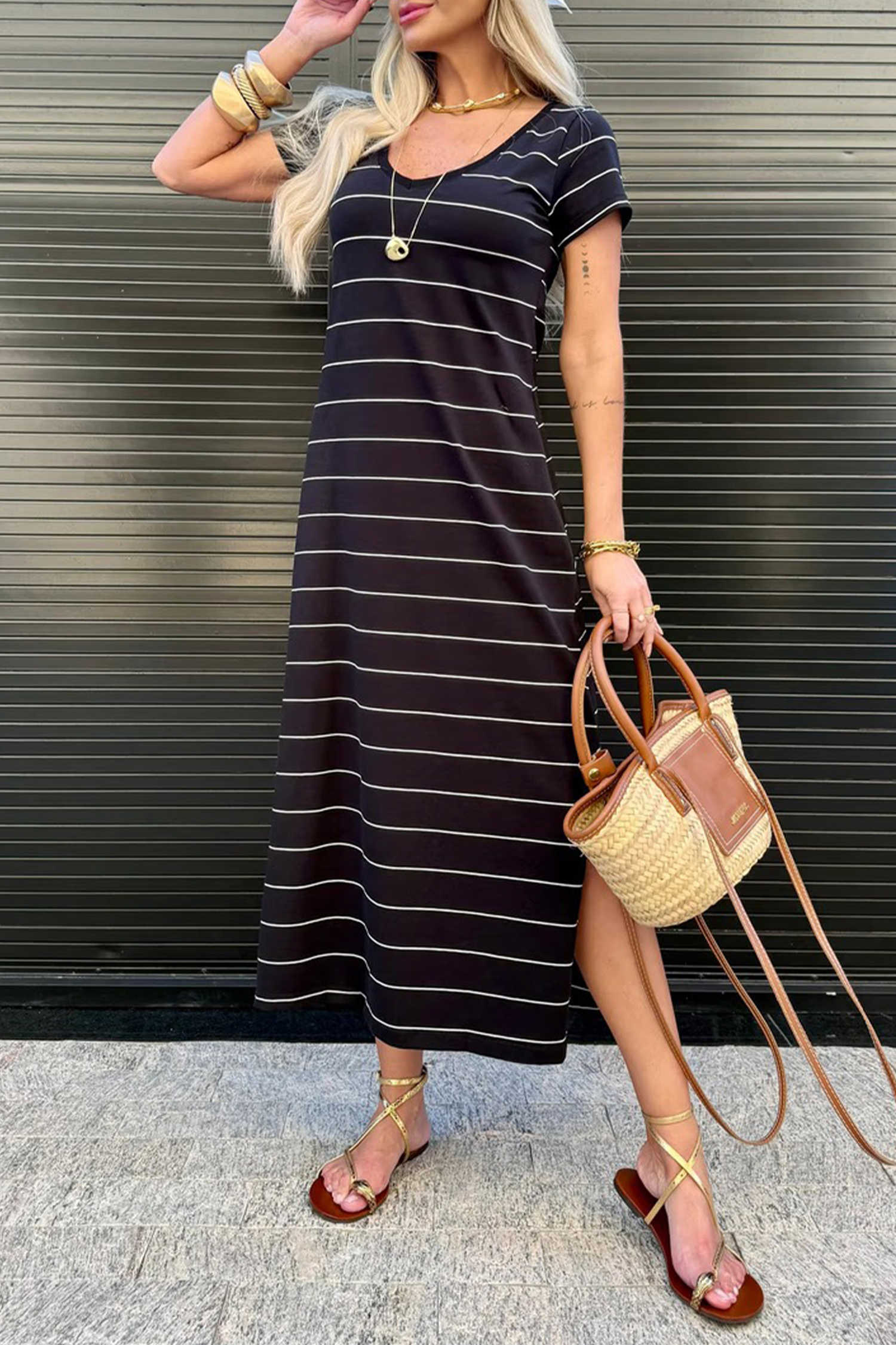 Black Stripe Casual Short Sleeve Side Slit Maxi T Shirt Dress