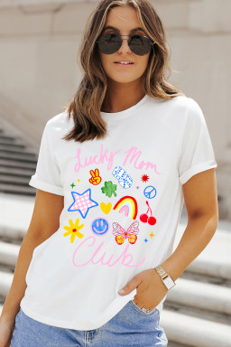 White Lucky Mom Club Vibrant Printed Casual T Shirt