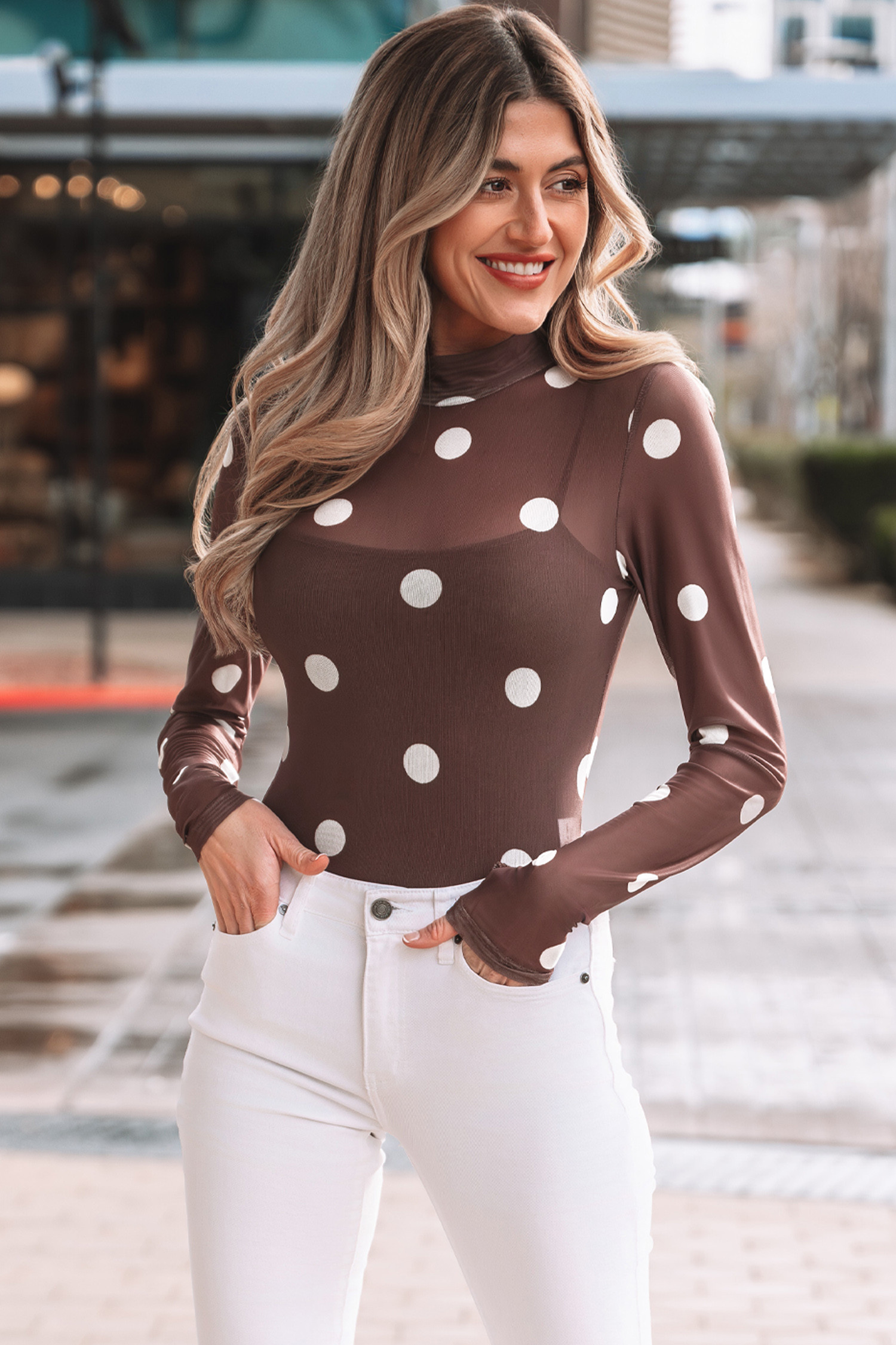 Brown Vintage Polka Dot Print Mesh Long Sleeve Bodysuit