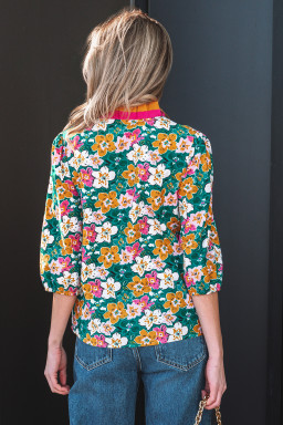 Green Floral Print Contrast Trim Frilled V Neck 3/4 Sleeve Blouse