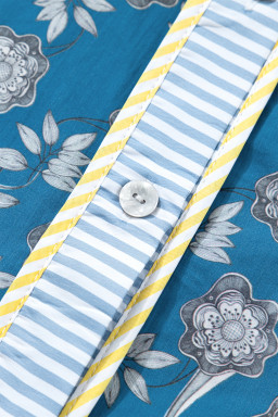 Blue Plus Size Floral Print Striped Patchwork Detail Button Front Ruffle Hem Dress