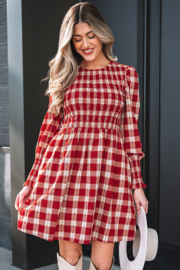 Red Plaid Print Smocked Puff Sleeve Mini Dress