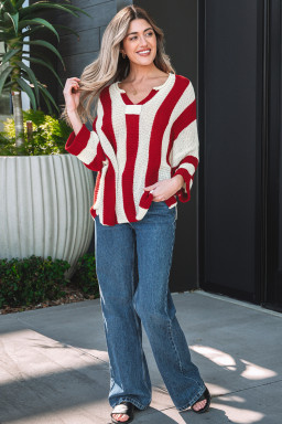 Red Stripe Colorblock V Neck Bracelet Sleeve Sweater
