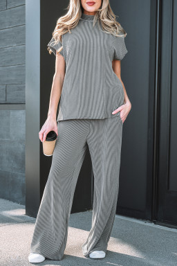 Dark Grey Twisted Ribbed High Neck Loose Tee Elastic High Waist Loose Pant Set
