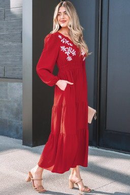 Racing Red Contrast Embroidered Detail Cinched Waist Tiered Long Sleeve Maxi Dress