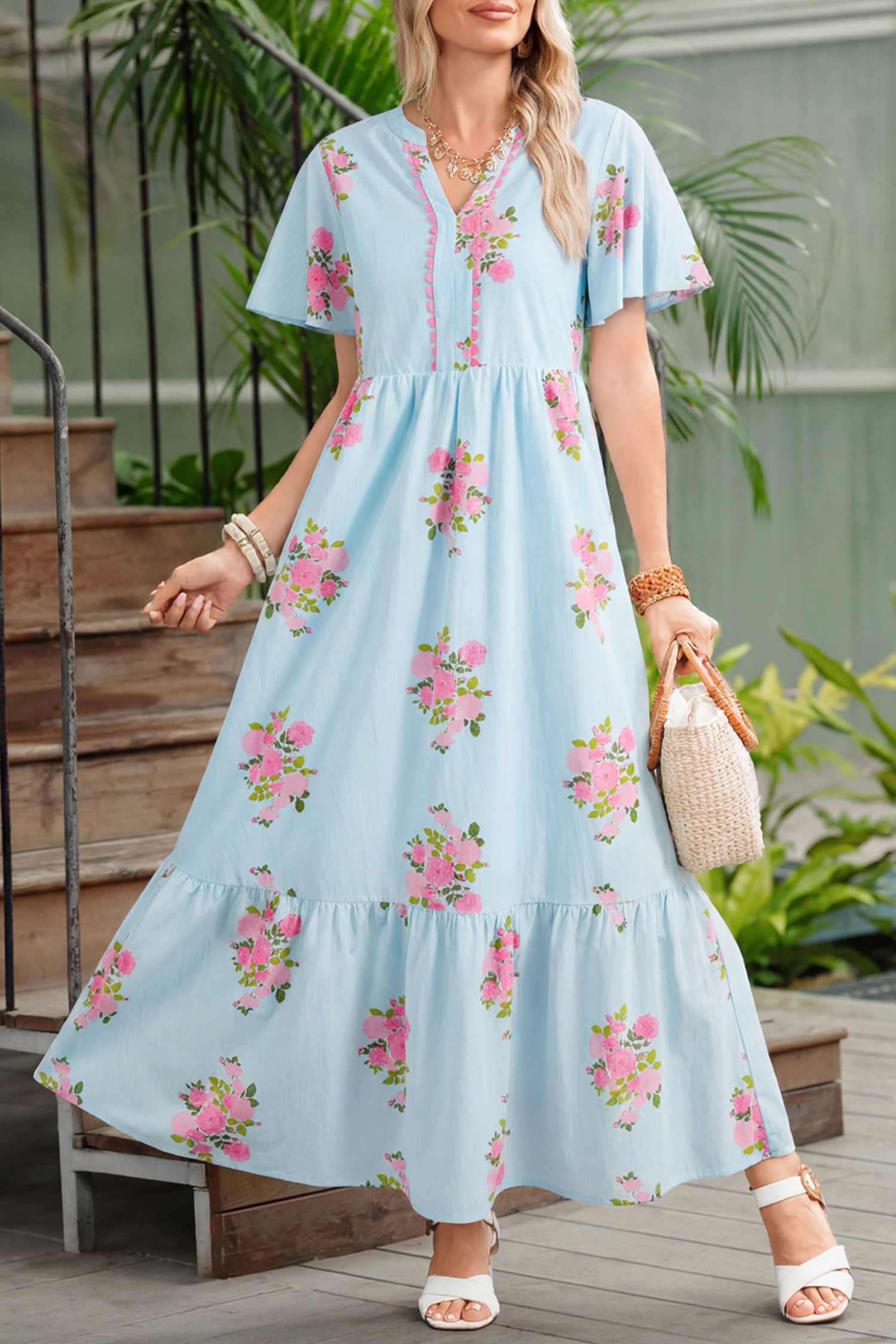 Sky Blue Notched Neck Flutter Short Sleeve Floral Print Maxi Dress