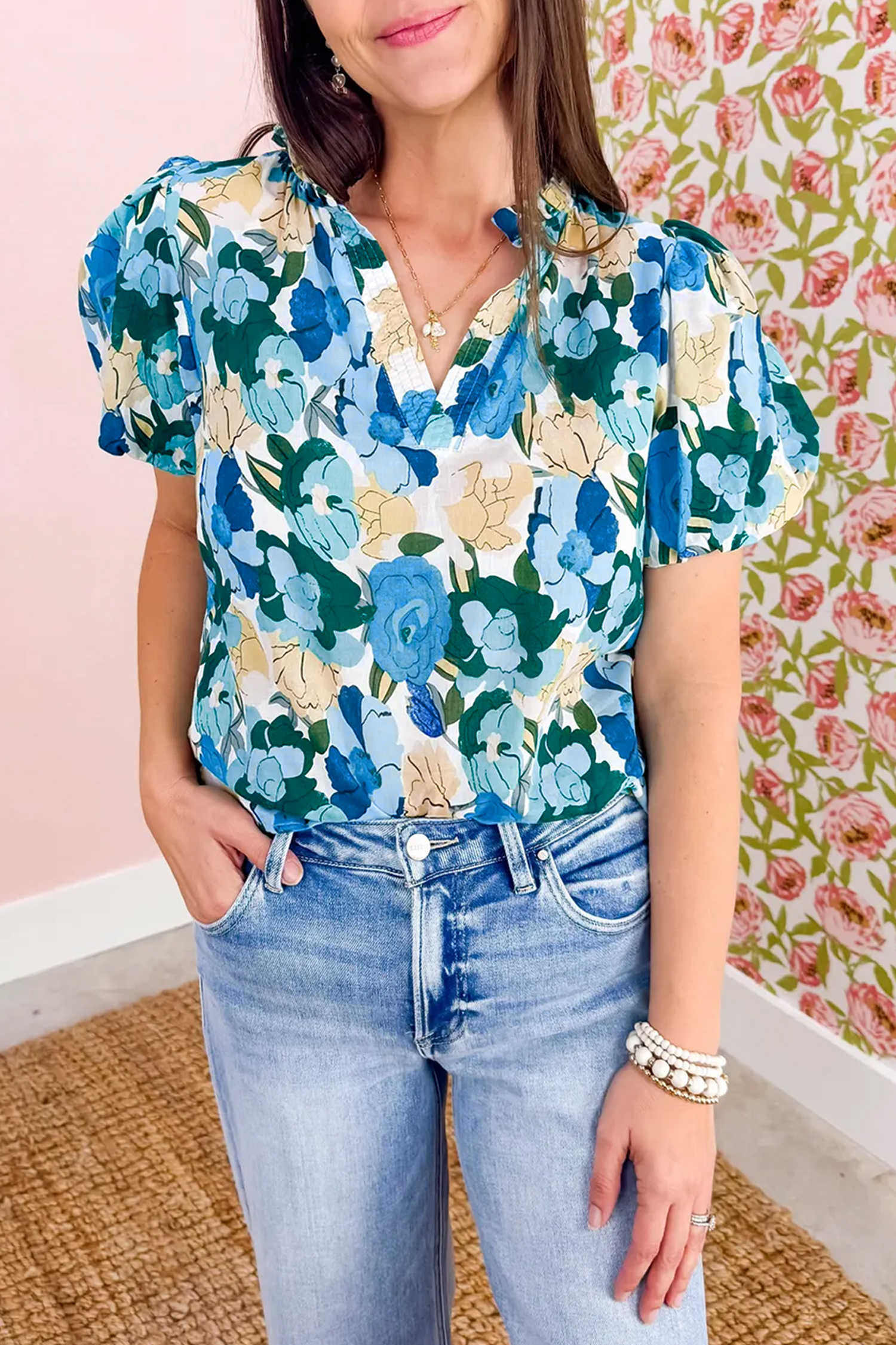 Sky Blue Floral Print Short Puff Sleeve V Neck Blouse