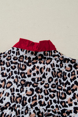 Khaki Contrast Frilled V Neck Trimmed Leopard Shirt