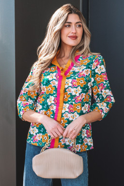 Green Floral Print Contrast Trim Frilled V Neck 3/4 Sleeve Blouse