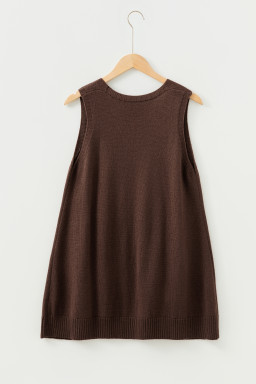 Dark Brown Ribbed Deep V Neckline Front Pocketed Loose Tunic Sweater Vest