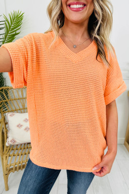 Grapefruit Orange Waffle V Neck Short Sleeve Knit Top