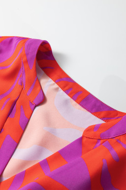 Multicolour Abstract Print V Neck Cuffed Short Sleeve Shift Slit Blouse