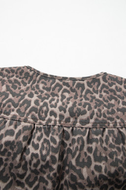 Brown Leopard Tie Neck Short Puff Sleeve Denim Babydoll Top