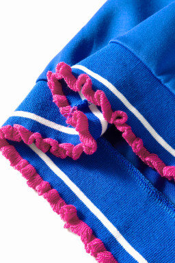 Sky Blue Contrast Frilled Trim Button Collared Short Sleeve Knit Top