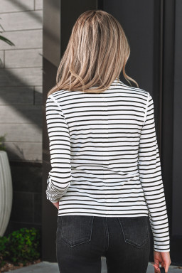 Black Stripe Ribbed Knit Half Button Long Sleeve Slim Top
