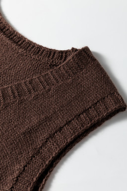 Dark Brown Ribbed Deep V Neckline Front Pocketed Loose Tunic Sweater Vest