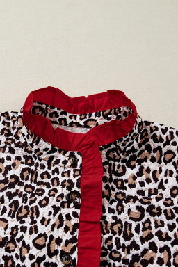 Khaki Contrast Frilled V Neck Trimmed Leopard Shirt