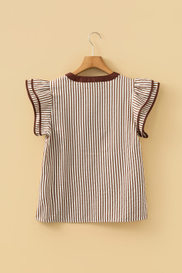 Khaki Stripe Double Ruffled Short Sleeve V Neck Blouse
