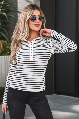 Black Stripe Ribbed Knit Half Button Long Sleeve Slim Top