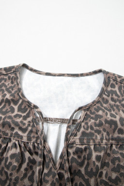 Brown Leopard Tie Neck Short Puff Sleeve Denim Babydoll Top