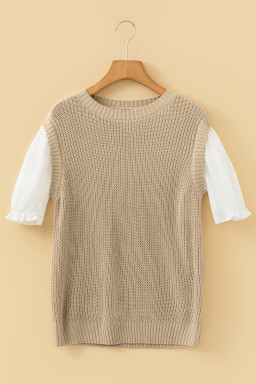 Light French Beige Round Neck Knit Contrast Short Sleeve Patchwork Sweater Top