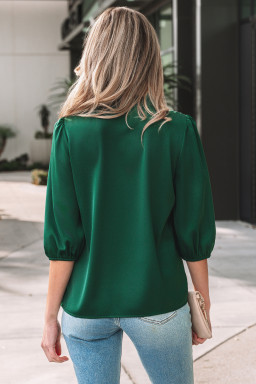 Blackish Green Solid Color Frilled V Neck Bow Detail 3/4 Sleeve Blouse