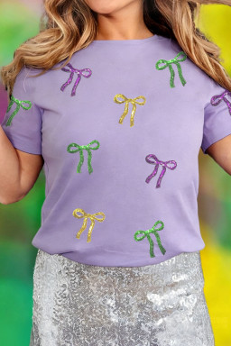 Wisteria Mardi Gras Sequin Bow Crew Neck T Shirt
