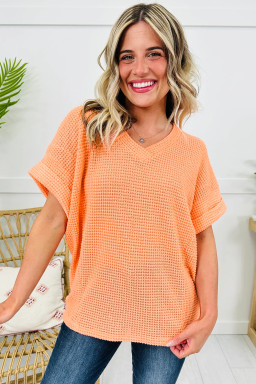 Grapefruit Orange Waffle V Neck Short Sleeve Knit Top